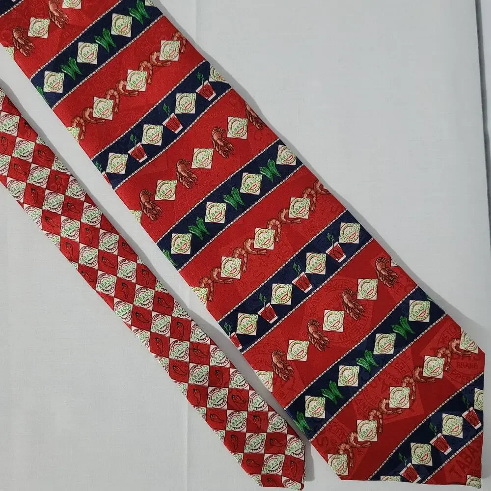 Pair of Tabasco silk novelty print neck tie made in USA, red, multicolor, shrimp